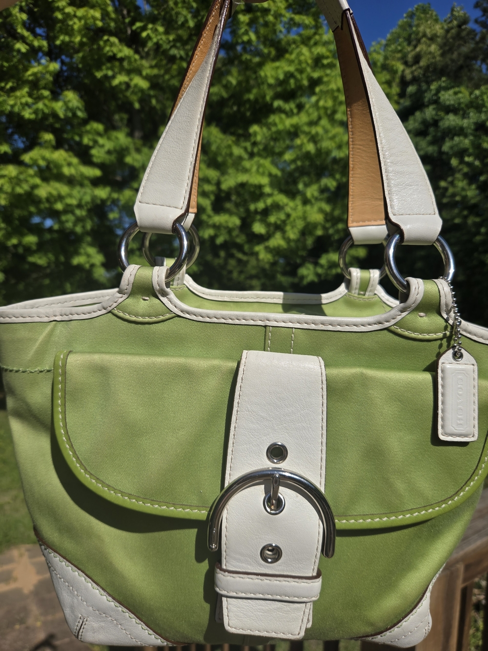 Coach Soho Tote Twill & Leather Lime Green and White Leather-Trim Shoulder Bag